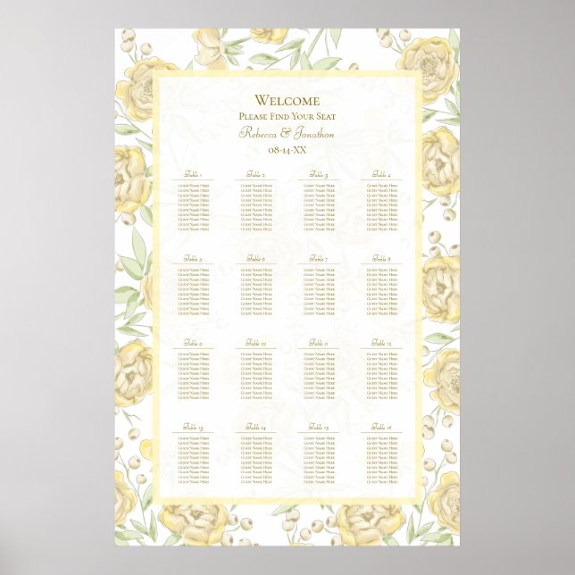 Poster Gráfico de Assentos de Casamento Rosa Amarela (Frente)