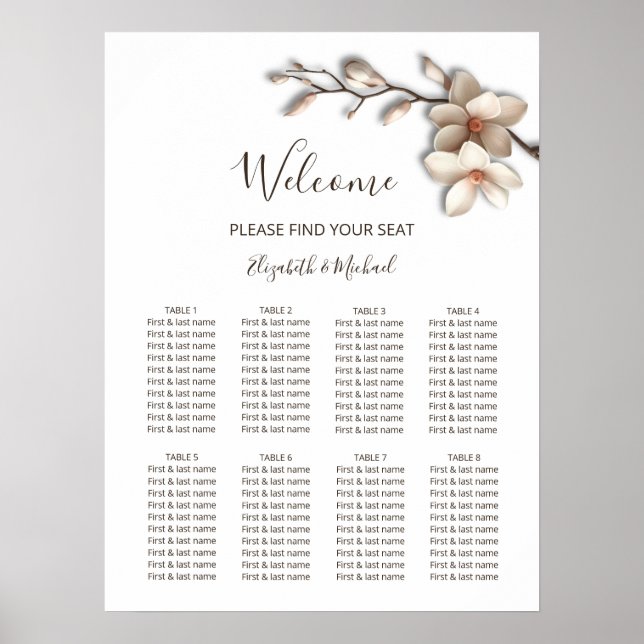 Poster Gráfico de Assentos de Casamento Rosa Branco Flor  (Frente)