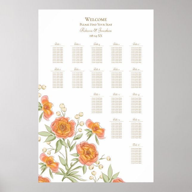 Poster Gráfico de Assentos de Casamento Rosa Laranja (Frente)