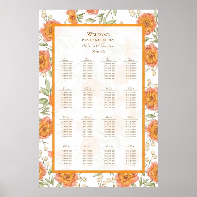 Poster Gráfico de Assentos de Casamento Rosa Laranja (Frente)