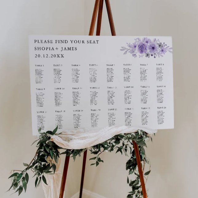 Poster Gráfico de Assentos de Casamento Roxo Modelo (Purple Wedding Seating Chart Template)