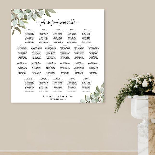 Poster Gráfico de Assentos de Casamento Rústico com Eucal (In Situ on Wall with Pedestal Vase)