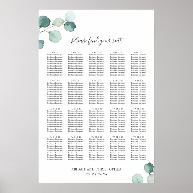 Poster Gráfico de Assentos de Casamento Rústico com Verde (Frente)