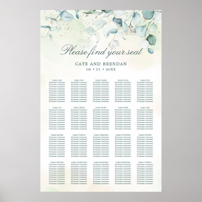 Poster Gráfico de Assentos de Casamento Rústico com Verde (Frente)