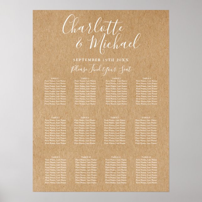 Poster Gráfico de Assentos de Casamento Rústico Elegante (Frente)