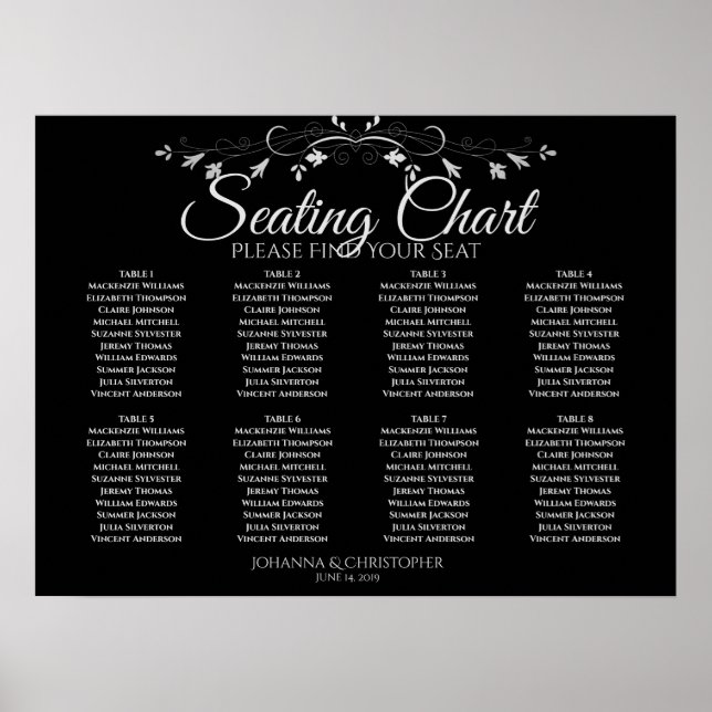 Poster Gráfico de Assentos de Casamento Simples 8 Mesas C (Frente)