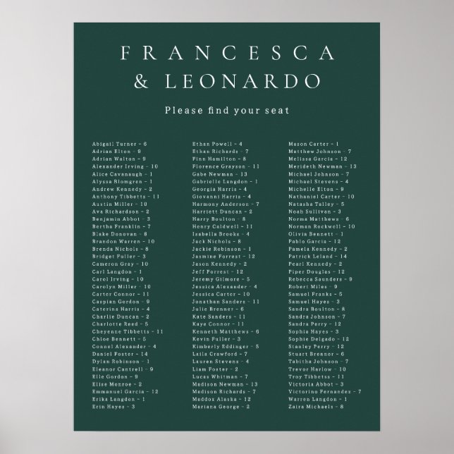 Poster Gráfico de Assentos de Casamento Simples Esmeralda (Frente)