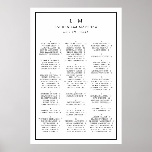 Poster Gráfico de Assentos de Casamento Simples Preto e B (Frente)
