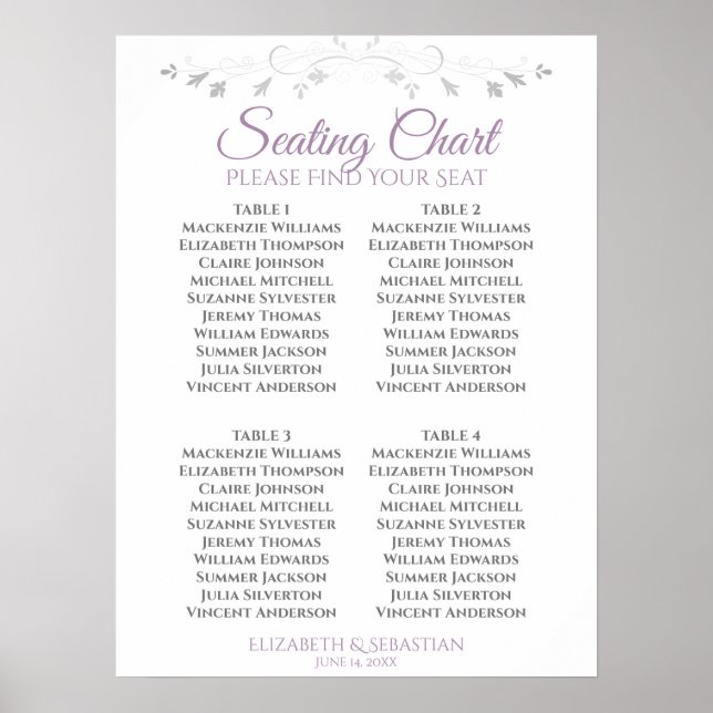 Poster Gráfico de Assentos de Casamento Simples Roxo e Ci (Frente)