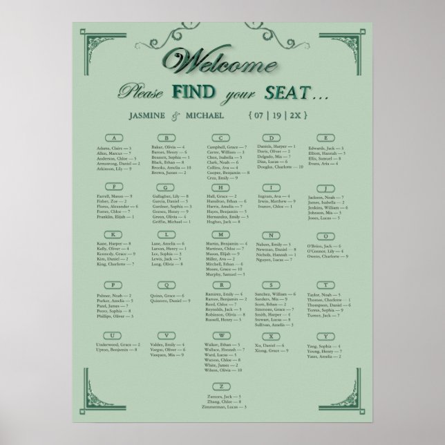Poster Gráfico de Assentos de Casamento Verde Chic Sage E (Frente)
