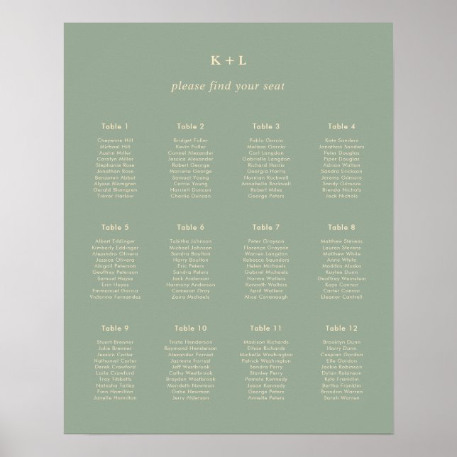 Poster Gráfico de Assentos de Casamento Verde Sage Modern (Frente)