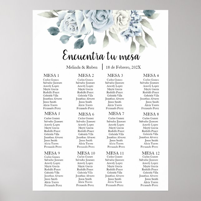 Poster Gráfico de assentos de casamentos de flores azuis  (Frente)