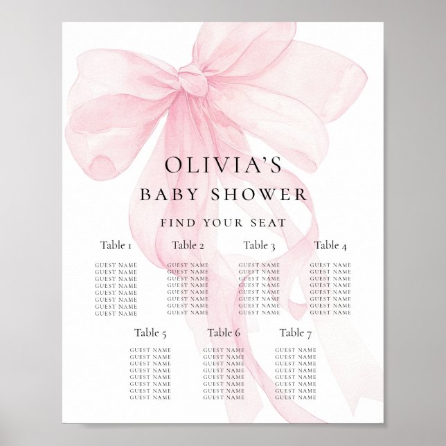 Poster Gráfico de Assentos de Chá de Bebê com Laço Rosa I (Frente)