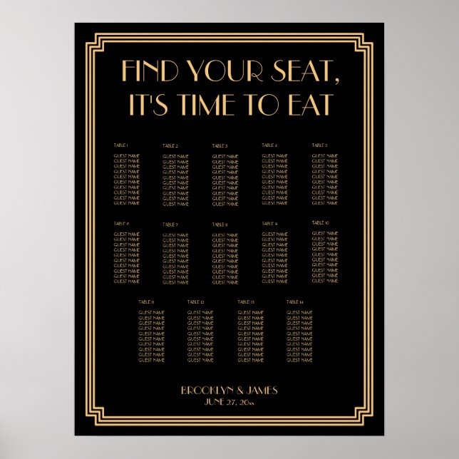 Pôster Gráfico De Assentos De Deco De Arte Dourada E Negr (Frente)