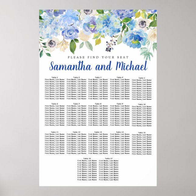 Poster Gráfico de Assentos de Grande Mesa Azul Hydrangea  (Frente)