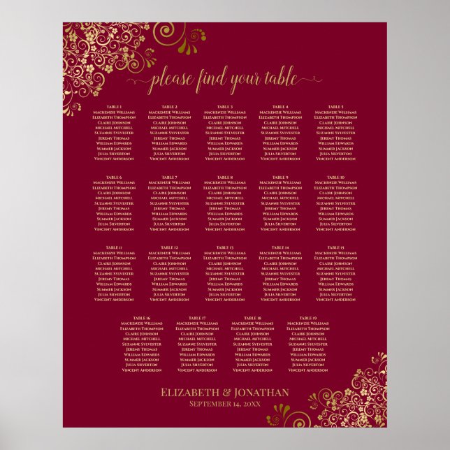 Poster Gráfico de Assentos de Mesa de Casamento Dourado e (Frente)
