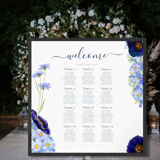 Poster Gráfico de Assentos de Mesa do Casamento Floral Az (Elegant blue floral Wildflower wedding 12 table seating chart poster )