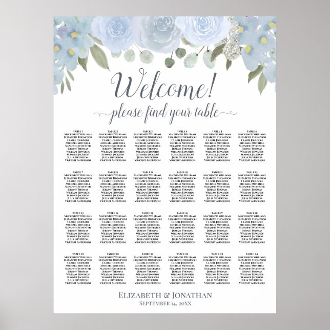 Poster Gráfico de Assentos de Mesa Floral Azul Pó Rústico (Frente)