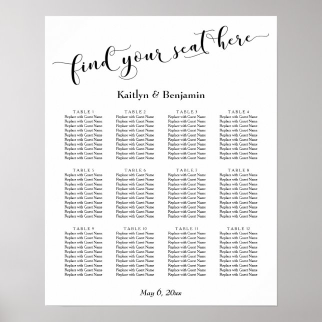 Poster Gráfico de Assentos de Recepção de Casamento com T (Frente)
