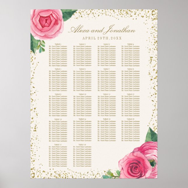 Pôster Gráfico de Assentos de Rosas de Aquarelas Douradas (Frente)