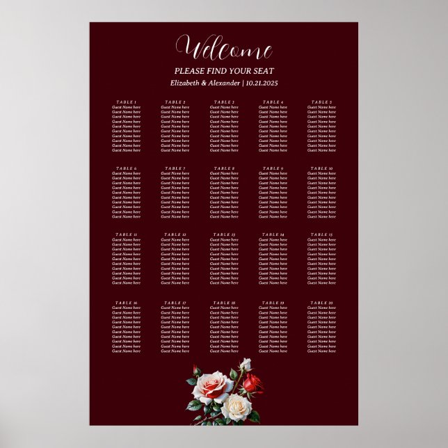 Poster Gráfico de assentos de rosas vermelhas brancas ros (Frente)