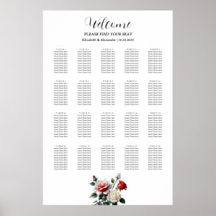 Poster Gráfico de assentos de rosas vermelhas brancos, co