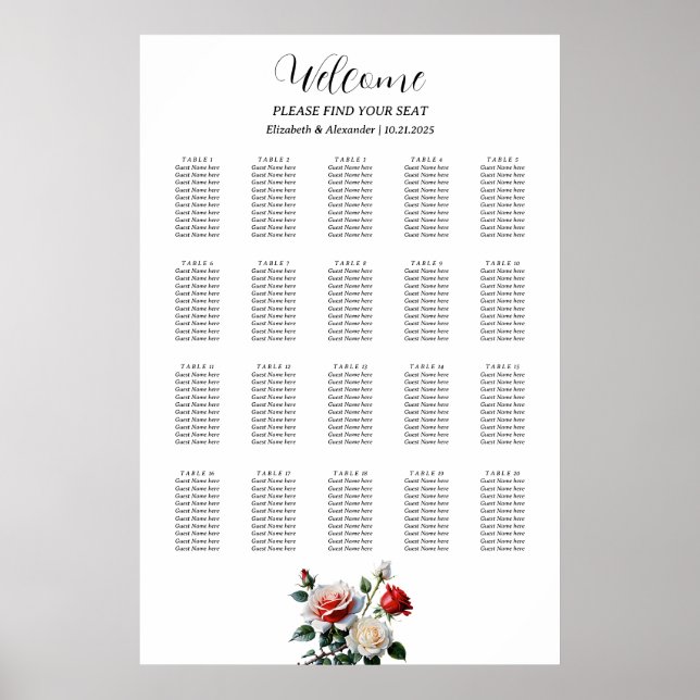 Poster Gráfico de assentos de rosas vermelhas brancos, co (Frente)