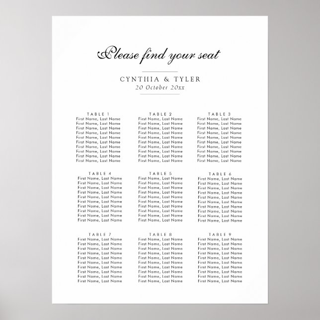 Poster gráfico de assentos de script preto simples (Frente)