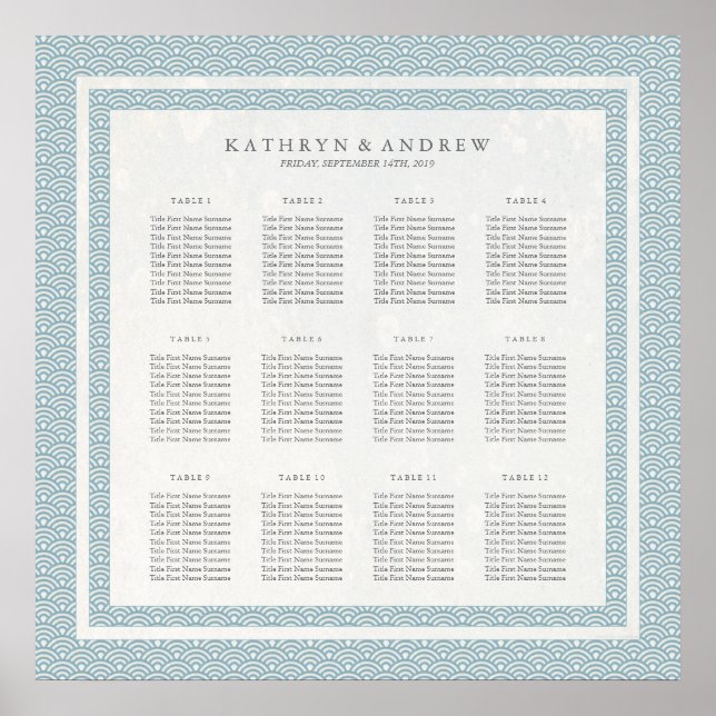 Poster Gráfico de Assentos de Seigaiha Branco e Azul do M (Frente)