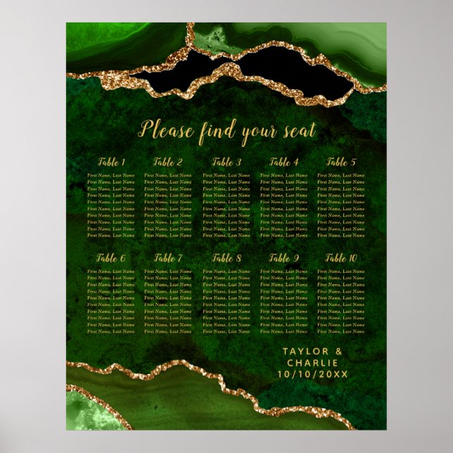Poster Gráfico de Assentos do Green Dourado Agate Wedding (Frente)