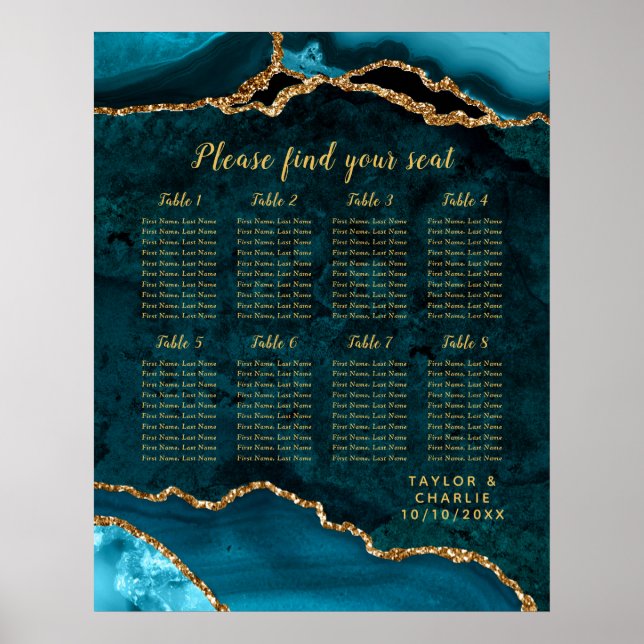 Poster Gráfico de Assentos do Teal Dourado Agate Weding 8 (Frente)