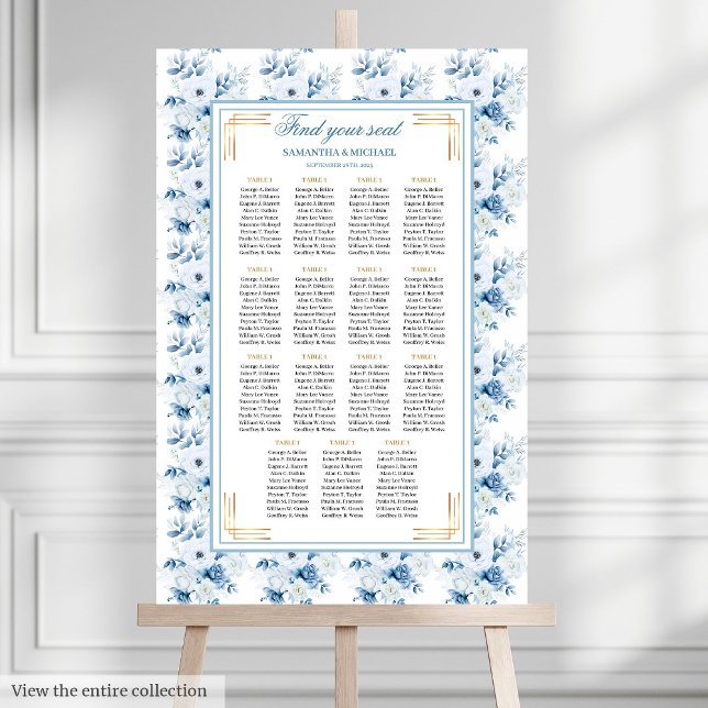 Poster Gráfico de Assentos Dourados Azul Pastel (Chic Watercolor Pastel Blue Gold Seating Chart)