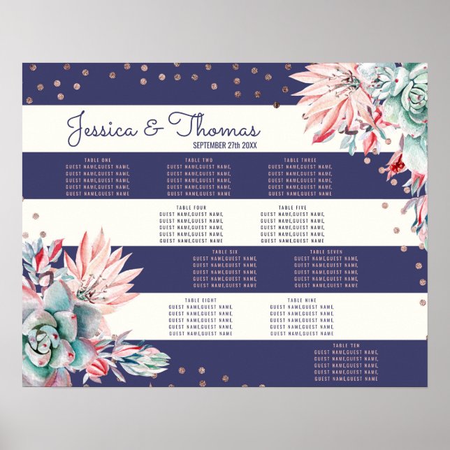 Pôster Gráfico de Assentos Dourados com Marinho de Cactus (Frente)