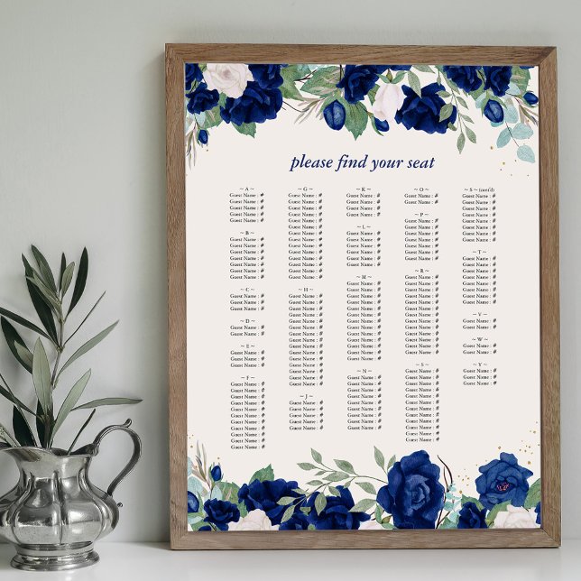 Poster Gráfico de Assentos em Ordem Alfabética das Rosas  (Alphabetical Seating Chart with royal navy blue rose borders Available printed or printable download)