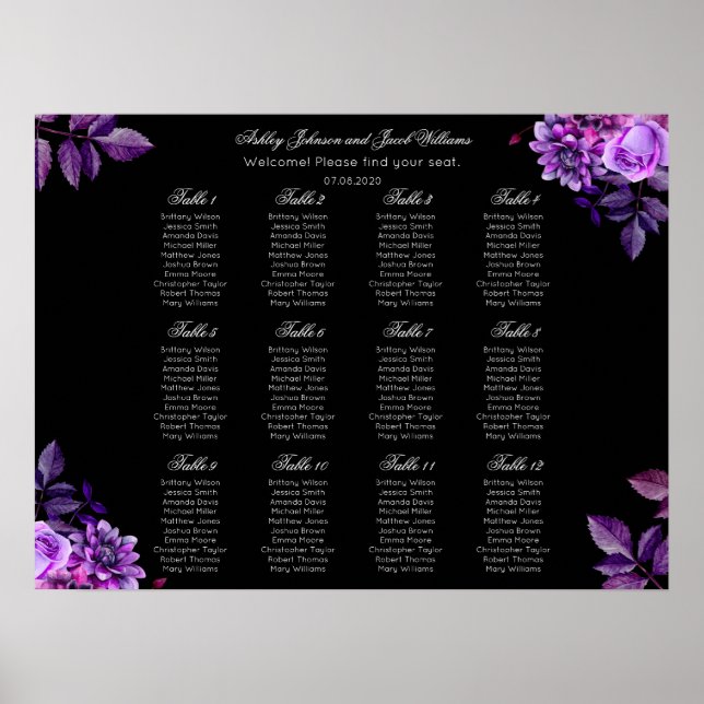 Poster Gráfico de assentos florais a preto e roxo (Frente)
