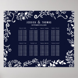 Poster Gráfico de Assentos Florais Azuis e Brancos do Mar