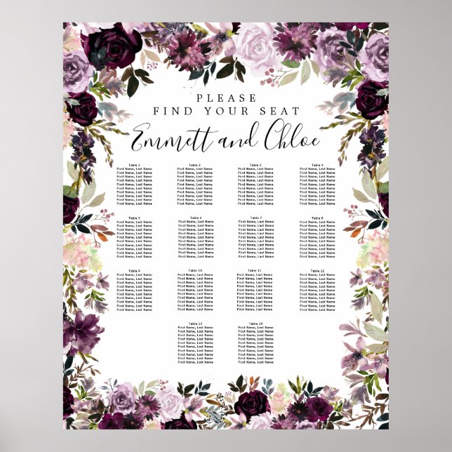Poster Gráfico de Assentos Florais De 14 Mesas, Cor-de-Ro (Frente)