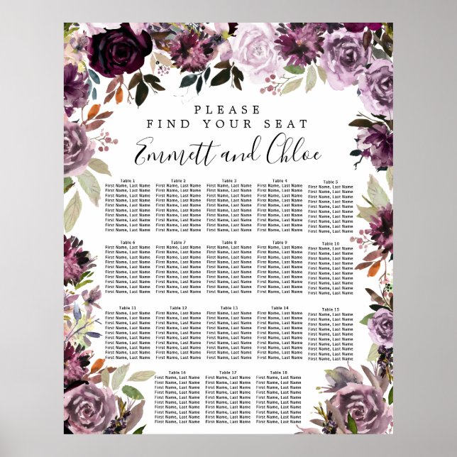 Poster Gráfico de Assentos Florais De 18 Mesas, Cor-de-Ro (Frente)