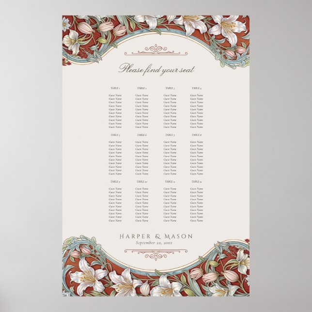 Poster Gráfico de Assentos Florais de Casamento de Jardim (Frente)