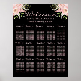 Poster Gráfico de Assentos Florais de Casamento Preto e R