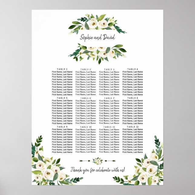 Poster Gráfico de Assentos Florais de Manuscrito Branco (Frente)