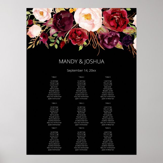 Poster Gráfico de Assentos Florais de Marsala - 9 Preto (Frente)