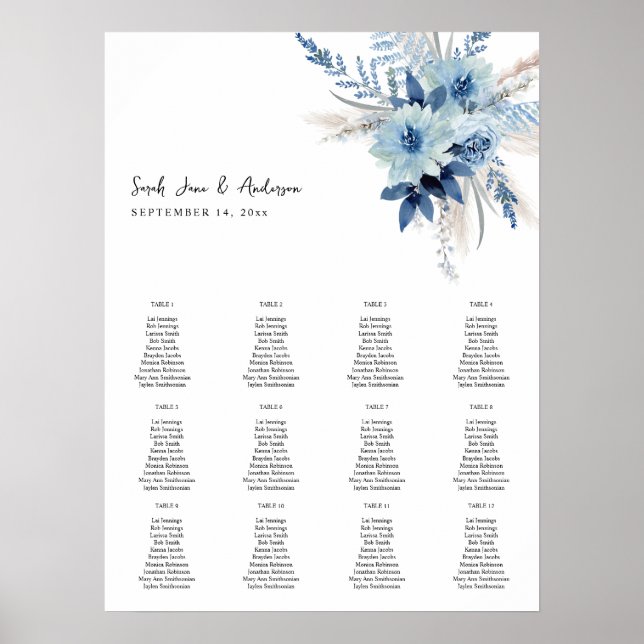 Poster Gráfico de Assentos Florais Dusty Blue Boho - 12 o (Frente)