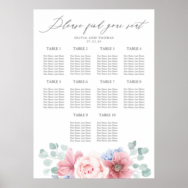 Poster Gráfico de Assentos Florais Dusty Blue e Pink (Frente)