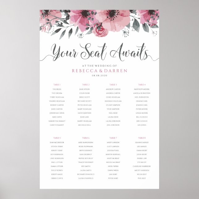 Poster Gráfico de Assentos Floral 8 Mesa Seu Assento Agua (Frente)