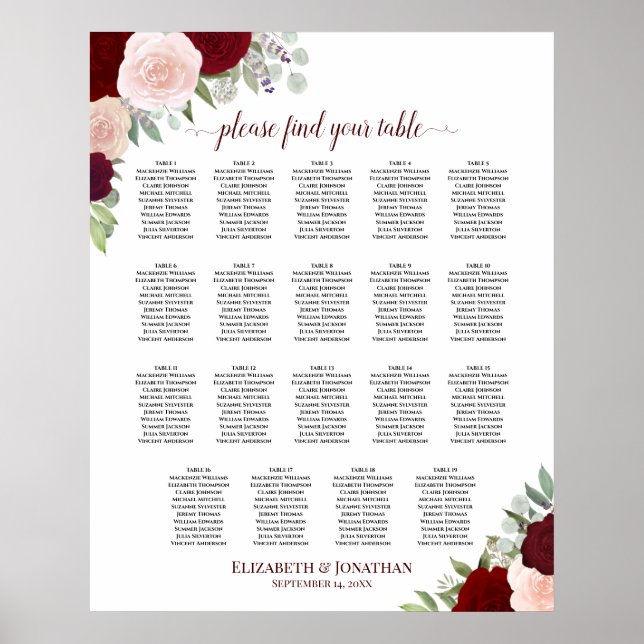 Poster Gráfico de Assentos Floral Burgundy Vermelho e Ros (Frente)