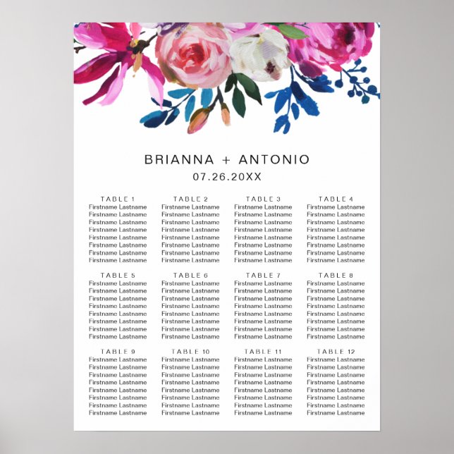 Poster Gráfico de Assentos Floral Moderno de Casamento Fl (Frente)