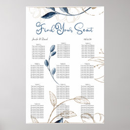 Poster Gráfico de Assentos Floral Moderno Dourado Azul
