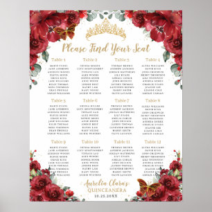 Poster Gráfico de Assentos Floral Vermelho para Quinceañe