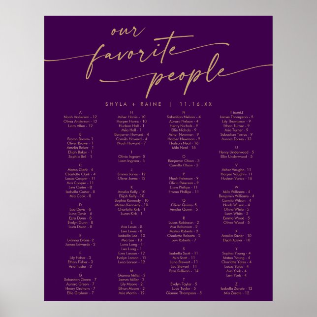 Poster Gráfico de Assentos Imprimível Boho Dourado e Roxo (Frente)